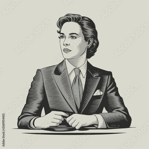 Businesswoman in a thoughtful pose writing in a notebook in a vintage style