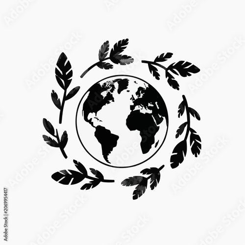 Earth illustration surrounded by leaves in black and white style, representing nature
