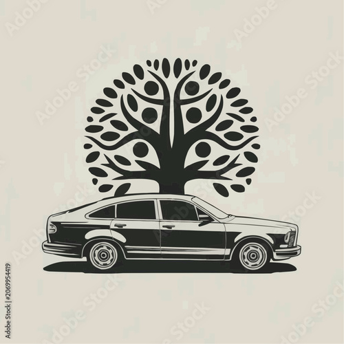 Car silhouette with a tree design symbolizing growth and unity