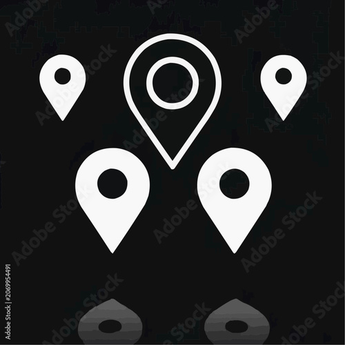 Map pins on a black background representing location markers