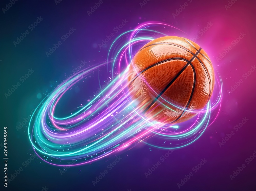 Obraz premium Basketball with neon light trails on colorful background