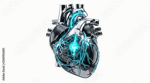 Isolated Futuristic Metallic Heart with Glowing Blue Energy, Science and Technology Concept