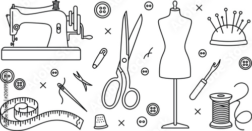 Fotografía Sewing and tailoring line icon set featuring sewing machine scissors mannequin d