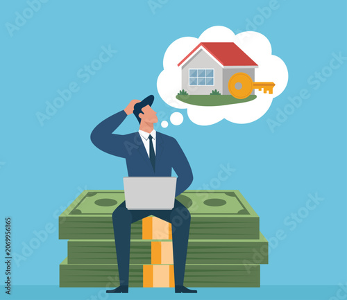 Fotografija Businessman Sitting on Money Stacks Dreaming of Buying a House: Property Investm