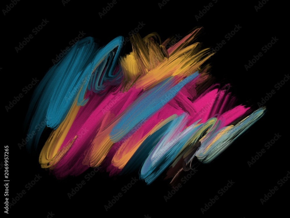 Obraz premium Abstract painting features vivid, dynamic brushstrokes on a black background. Dominant colors include blue, pink, yellow, and orange, creating a vibrant composition. The strokes vary in width and leng
