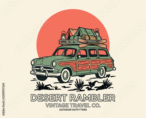 Canvas-taulu Desert Rambler, vintage travel illustration, retro camping car, station wagon, w