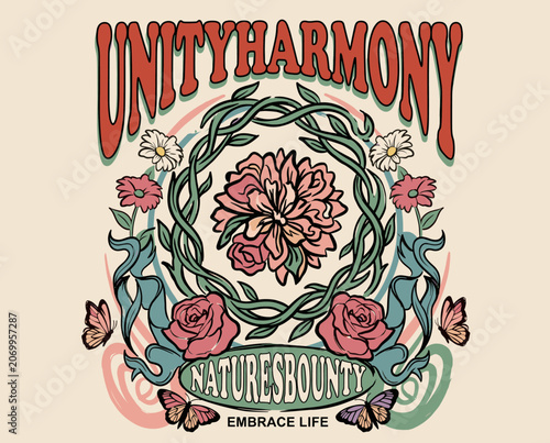 Bild auf Leinwand Unity harmony nature bounty floral, vintage retro typography, botanical roses bu