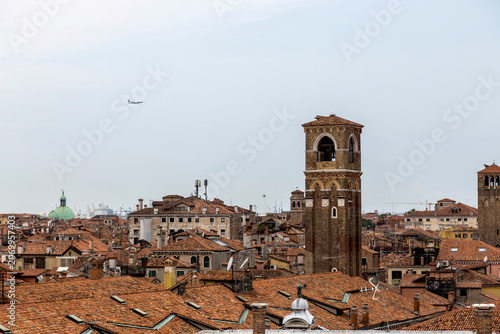 Venice, Italy - August 22, 2019: View of Venice from the roof of a house.