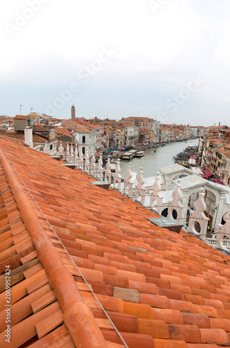 Venice, Italy - August 22, 2019: View of Venice from the roof of a house.
