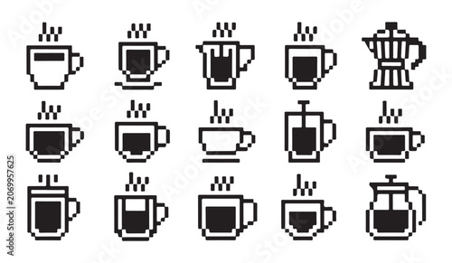 Photos Set of coffee cup icons in pixel art style featuring diverse mugs and hot drink varieties