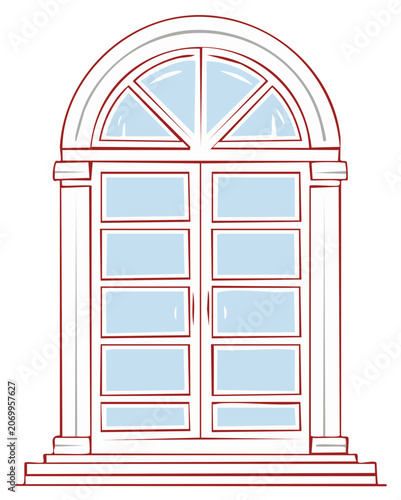 Elegant classic arched double door illustration with glass panels transom window and architectural pillars