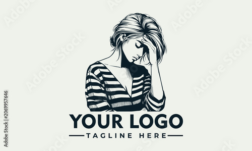 Obraz na plátně Stressed woman with headache vector logo illustration for mental health and psyc