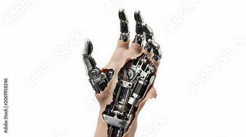 Close up of a robotic hand isolated on a white background, showcasing advanced engineering and technology