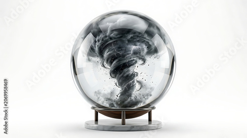 Isolated crystal ball with swirling dark smoke tornado inside on white background