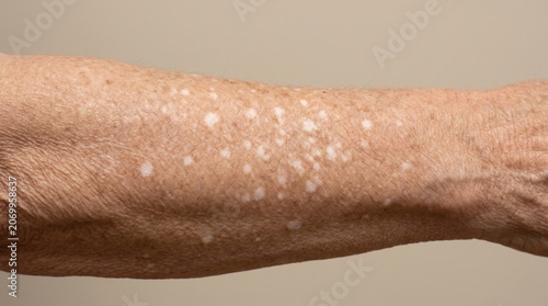 Close up of idiopathic guttate hypomelanosis presenting as small white spots on sun damaged forearm skin
