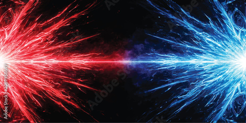 Canvastavla High energy impact concept with bright blue and red light particles colliding in