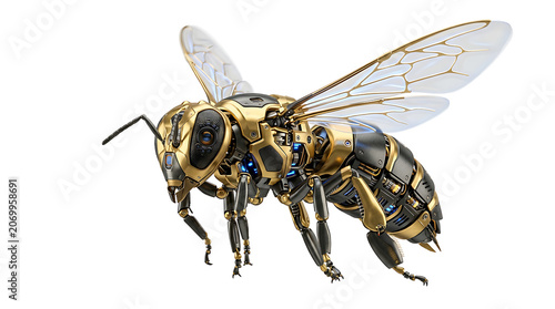 Isolated metallic robotic bee with intricate mechanical wings and glowing blue lights