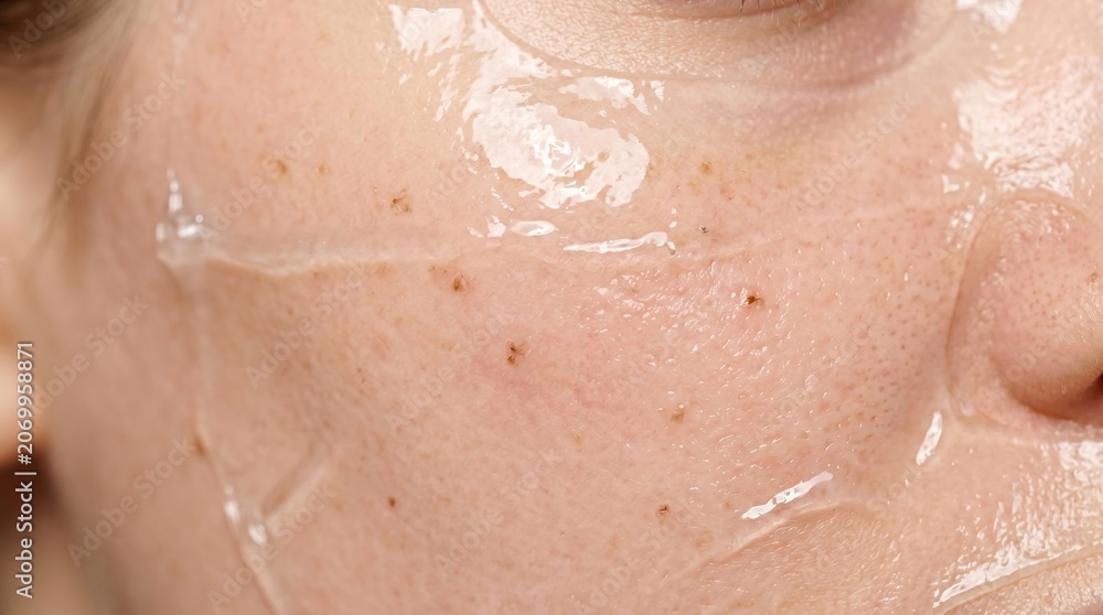 Fototapeta premium Macro view of transparent hydrogel face mask sheet applied on woman cheek with hyperpigmentation spots