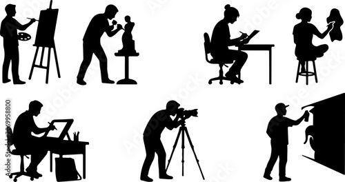 Set of silhouettes of artists and creative people working on their art vector illustration