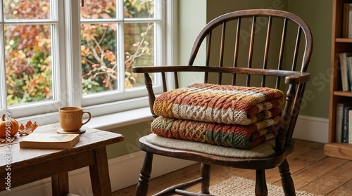 Cozy home interior with wooden chair and autumn view