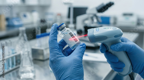 Hands holding medical vial scanner with barcode in laboratory setting, showing precise and careful handling during research or testing process