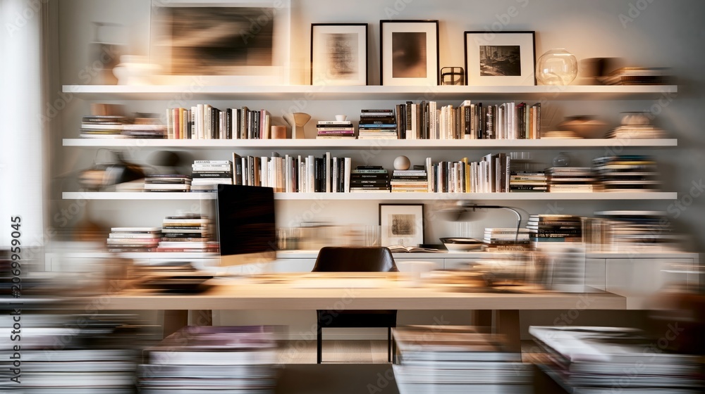 Fototapeta premium Designer's blurry office shows a desk and shelves.