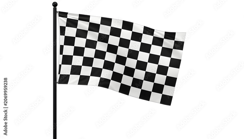 Fototapeta premium Waving black and white checkered flag on a pole white background
