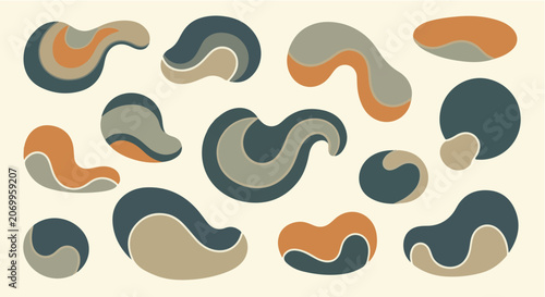 A collection of retro-styled, fluid organic shapes and wavy abstract blobs featuring a muted color palette of terracotta, teal, grey, and beige isolated on a cream background.