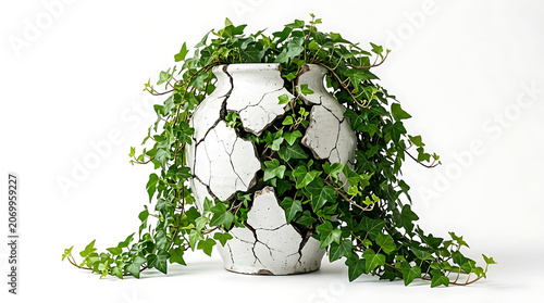 Green ivy growing out of a cracked white ceramic pot isolated on a white background