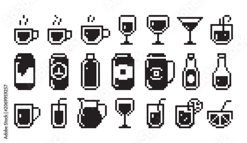 Photos Pixelated drinks collection of cans bottles glasses and cups for party and celebration
