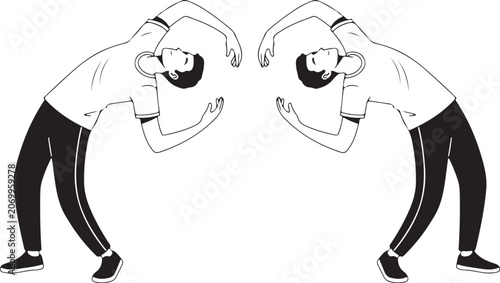 A clean black and white line art vector illustration featuring two mirrored male figures performing an athletic backbend or deep torso stretch, ideal for fitness, yoga, and dance concepts.