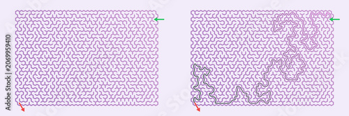 Abstract maze pattern in pink with green and red arrows indicating start and end points