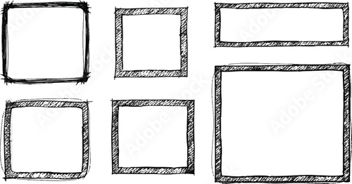 A collection of sketchy black charcoal or pencil textured rectangular and square frames isolated on a white background, ideal for rustic or minimalist design borders.