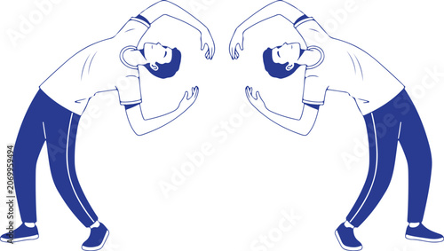 A blue and white vector illustration showing a mirrored image of a man doing back extension stretches or yoga poses, perfect for fitness and wellness designs.