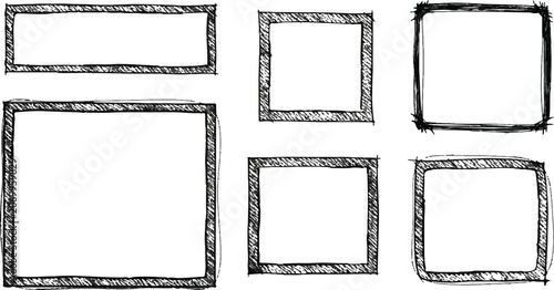 A collection of sketchy black charcoal or pencil textured rectangular and square frames isolated on a white background, ideal for rustic or minimalist design borders.