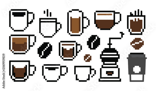 Photos Pixelated coffee drinks and brewing equipment with warm brown tones