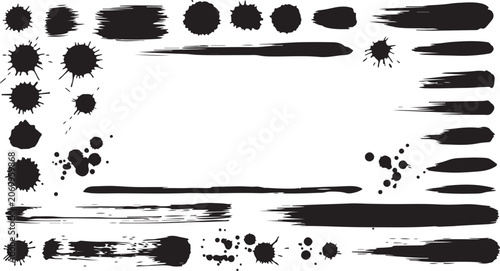 A collection of various black ink splatters, artistic textured brush strokes, blots, and paint splashes arranged as a decorative border frame isolated on a white background.