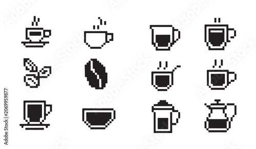 Cuadro en lienzo Pixel art coffee icon set featuring various hot beverage cups pots and roasted beans icons