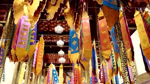 colorful traditional fabric flag decorating hanging in temple