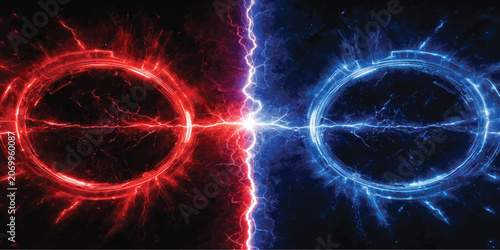 Photos Dual red and blue circular energy rings colliding with a central electrical disc