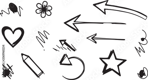 A collection of black and white sketch style design elements including various pointing arrows, a heart, star, flower, pencil, and playful scribbles.