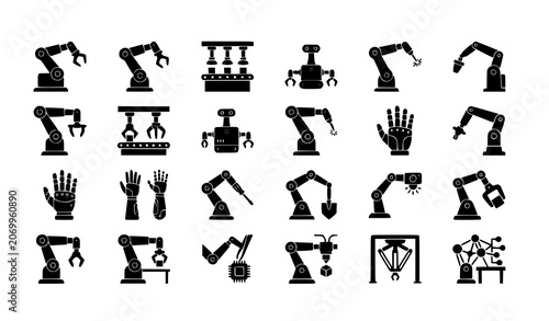 Photos Big Robotic Arm Silhouette Vector Set Featuring Industrial Automation Manipulato