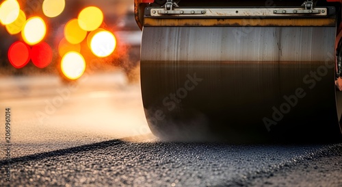 Steam from asphalt roller compacting fresh tar on road construction at sunset.