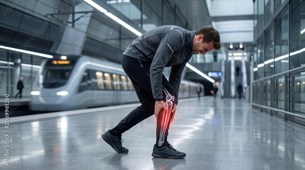 Obraz premium Man suffering from leg pain while standing at a train station. View of skeletal structure with highlighted focus on lower limb injury. Chronic health issue and medical diagnostic concept.