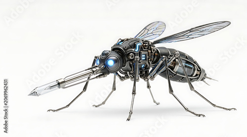 A detailed 3D render of a mechanical mosquito isolated on a white background, showcasing intricate gears and blue glowing eyes