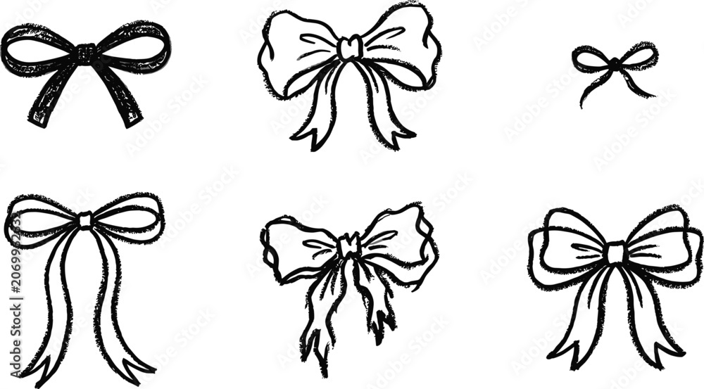 Obraz premium Hand Drawn Ribbon Bow Vector Icon Set Featuring Textured Charcoal Sketch Outlines for Cute Gift Packaging Coquette Aesthetics Branding and Craft Designs