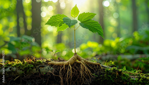Ginseng plant with prominent roots growing on a mossy log in a sunlit forest