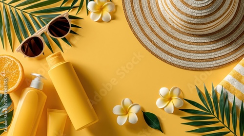 Summer sun care products on yellow protect skin for vacation safety.