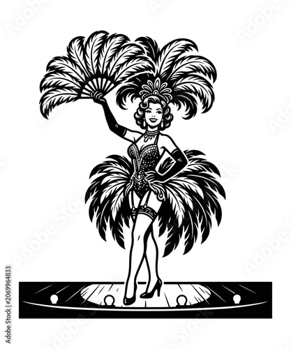Vintage Showgirl with Feathers and Fan on Stage.