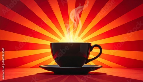 A steaming dark coffee cup sits on a saucer against a vibrant radial burst background, emanating light